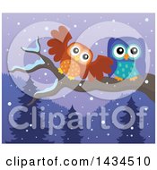 Poster, Art Print Of Pair Of Owls Perched On A Branch On A Winter Night