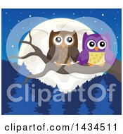 Clipart Of A Pair Of Owls Perched On A Branch Against A Forest And Full Moon Royalty Free Vector Illustration