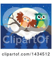 Clipart Of A Pair Of Owls Perched On A Branch Against A Forest And Full Moon Royalty Free Vector Illustration by visekart