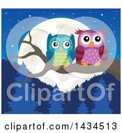Clipart Of A Pair Of Owls Perched On A Branch Against A Forest And Full Moon Royalty Free Vector Illustration