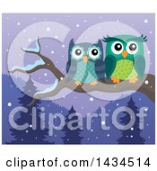 Clipart Of A Pair Of Owls Perched On A Branch On A Winter Night Royalty Free Vector Illustration