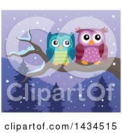 Clipart Of A Pair Of Owls Perched On A Branch On A Winter Night Royalty Free Vector Illustration