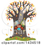 Poster, Art Print Of Family Of Owls In A Tree Hollow In The Fall