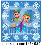 Poster, Art Print Of Christmas Gift And Elves Inside A Blue Snowflake Frame