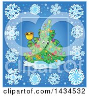 Clipart Of A Christmas Tree Character Ringing A Bell Inside A Blue Snowflake Frame Royalty Free Vector Illustration