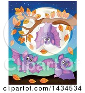 Poster, Art Print Of Group Of Playful Bats With An Autumn Tree Branch And Full Moon
