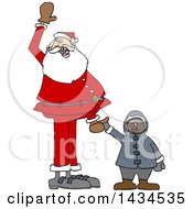 Poster, Art Print Of Cartoon Christmas Santa Claus Holding Hands With A Black Boy