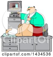 Clipart Of A Doctor Giving Santa Claus An Ultrasound On His Belly And Seeing Cookies And Milk On The Screen Royalty Free Vector Illustration