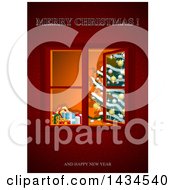 Poster, Art Print Of Christmas Tree Through An Open Window On Red With Greetings