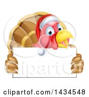 Poster, Art Print Of Happy Christmas Turkey Bird Wearing A Santa Hat And Holding A Blank Sign Board