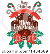 Poster, Art Print Of Happy Holidays Merry Christmas Greeting With Candy Canes And Gingerbread Men