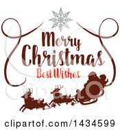 Clipart Of A Merry Christmas Best Wishes Greeting With A Silhouetted Santa And Sleigh Royalty Free Vector Illustration