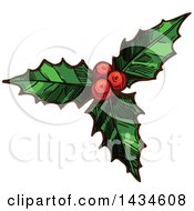 Clipart Of A Sketched Holly Sprig Royalty Free Vector Illustration
