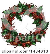 Clipart Of A Sketched Christmas Wreath With Holly And Berries Royalty Free Vector Illustration