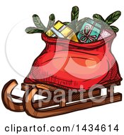 Clipart Of A Sketched Sled With Santas Sack Royalty Free Vector Illustration