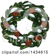 Sketched Christmas Wreath With Pinecones And Snow