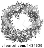 Clipart Of A Sketched Dark Gray Christmas Wreath With Holly And Berries Royalty Free Vector Illustration