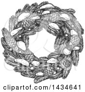 Poster, Art Print Of Sketched Dark Gray Christmas Wreath With Pinecones And Snow