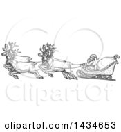 Poster, Art Print Of Sketched Dark Gray Team Of Reindeer Flying Santas Sleigh