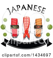 Poster, Art Print Of Sushi Nigiri With Prawn Salmon And Tuna With Wasabi Dots Text And A Banner