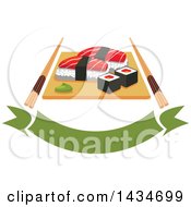 Poster, Art Print Of Sushi Rolls And Salmon Nigiri Sushi And Wasabi On Wooden Platter With Chopsticks Over A Banner