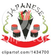 Poster, Art Print Of Japanese Sushi Rolls Shrimps And Rice In Seaweed Nori With Wasabi And Text Over A Red Banner