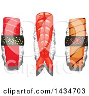 Clipart Of A Sushi Nigiri With Prawn Salmon And Tuna Royalty Free Vector Illustration by Vector Tradition SM