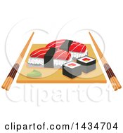 Poster, Art Print Of Sushi Rolls And Salmon Nigiri Sushi And Wasabi On Wooden Platter With Chopsticks