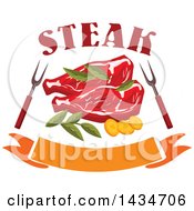 Poster, Art Print Of Beef Steaks With Herbs Bbq Forks Text And A Banner