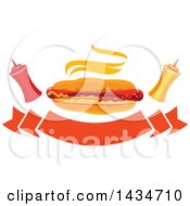 Clipart Of A Steamy Hot Dog With Ketchup And Mustard Bottles Over Banners Royalty Free Vector Illustration