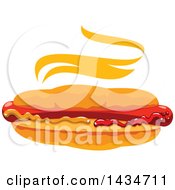 Steamy Hot Dog In A Bun With Mustard And Ketchup