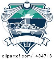 Clipart Of A Fish In A Shield With A Boat And Net Over A Banner Royalty Free Vector Illustration