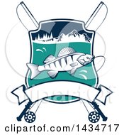 Poster, Art Print Of Fish In A Shield With Mountains Lake And Crossed Fishing Poles Over A Banner