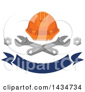 Clipart Of A Hardhat With Crossed Adjustable Wrenches And Nuts Over A Blue Banner Royalty Free Vector Illustration by Vector Tradition SM