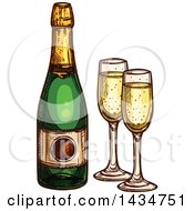 Poster, Art Print Of Sketched Bottle Of Champagne And Glasses