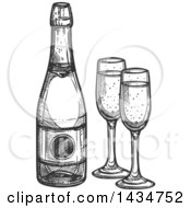 Poster, Art Print Of Sketched Dark Gray Bottle Of Champagne And Glasses
