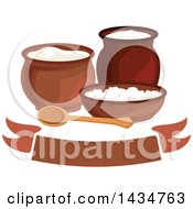 Clipart Of A Milk Pitcher Sour Cream Jar Milk Curd And Cottage Cheese Over A Banner Royalty Free Vector Illustration
