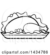 Clipart Of A Black And White Roasted Chicken On A Platter Royalty Free Vector Illustration
