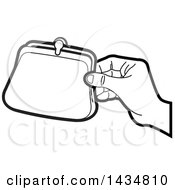 Clipart Of A Black And White Lineart Hand Holding A Coin Purse Royalty Free Vector Illustration