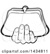 Clipart Of A Black And White Lineart Hand Holding A Coin Purse Royalty Free Vector Illustration by Lal Perera