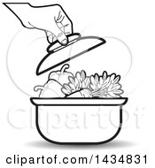 Poster, Art Print Of Black And White Hand Putting A Lid On A Sauce Pan Full Of Vegetables
