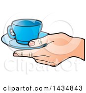 Poster, Art Print Of Hand Holding A Blue Tea Cup And Saucer