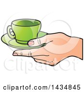 Clipart Of A Hand Holding A Green Tea Cup And Saucer Royalty Free Vector Illustration