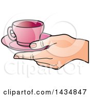 Clipart Of A Hand Holding A Pink Tea Cup And Saucer Royalty Free Vector Illustration