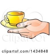 Clipart Of A Hand Holding A Yellow Tea Cup And Saucer Royalty Free Vector Illustration by Lal Perera