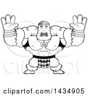 Cartoon Black And White Lineart Scared Buff Muscular Zulu Warrior Holding His Hands Up