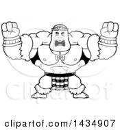 Cartoon Black And White Lineart Buff Muscular Zulu Warrior Holding His Fists Up In Balls Of Rage