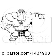 Cartoon Black And White Lineart Buff Muscular Zulu Warrior With A Blank Sign