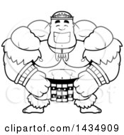 Cartoon Black And White Lineart Happy Buff Muscular Zulu Warrior