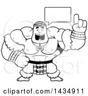 Cartoon Black And White Lineart Buff Muscular Zulu Warrior Holding Up A Finger And Talking